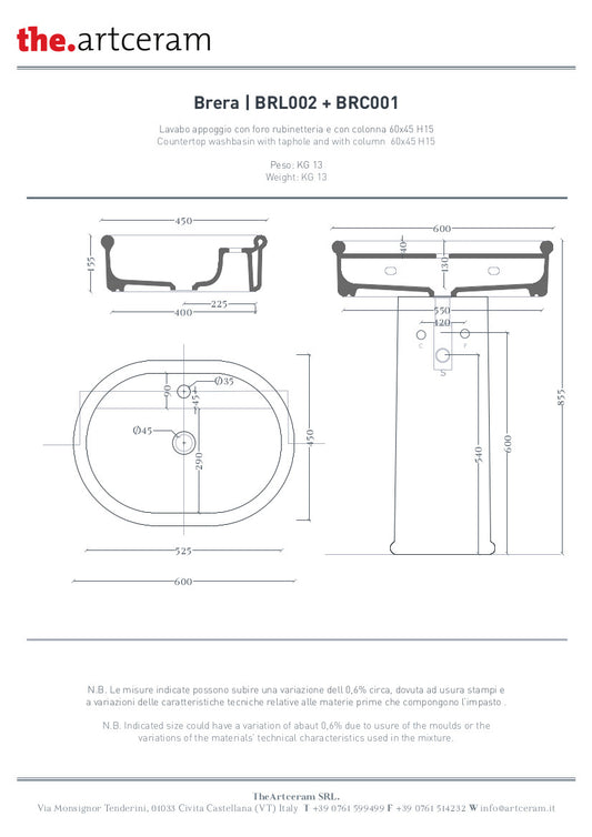 Brera Ovales Aufsatzwaschbecken, Einloch, 60 x 45 cm
