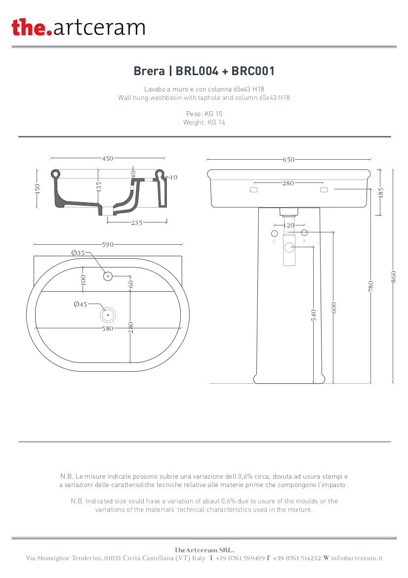 Brera Ovales Wandwaschbecken, Einloch, 65 x 46 cm