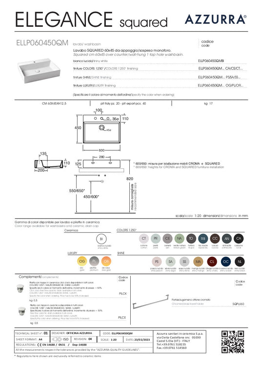 Lavabo appoggio/sospeso monoforo cm 60x45 Elegance Squared