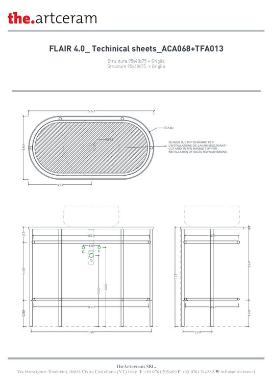 Konstruktion für ovales Waschbecken 36,5 x 58,6 cm (H83) – Nicht maßstabsgetreu