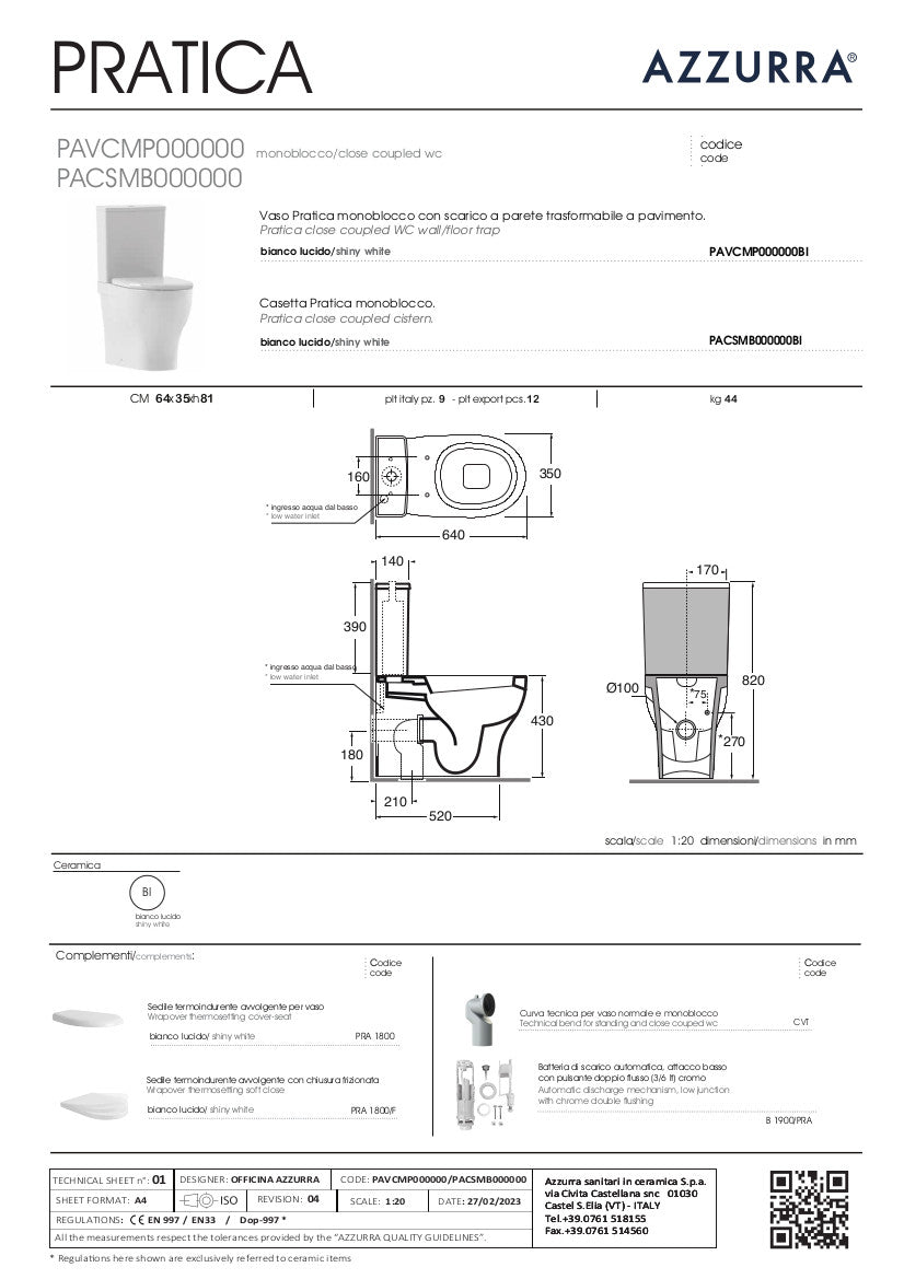 Vaso monoblocco con cassetta di scarico cm 62,5x35xh80 Pratica