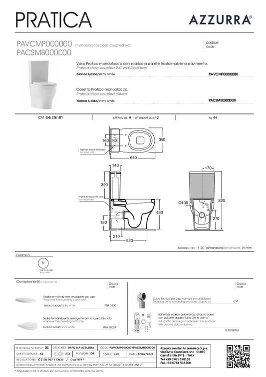 Vaso monoblocco con cassetta di scarico cm 62,5x35xh80 Pratica