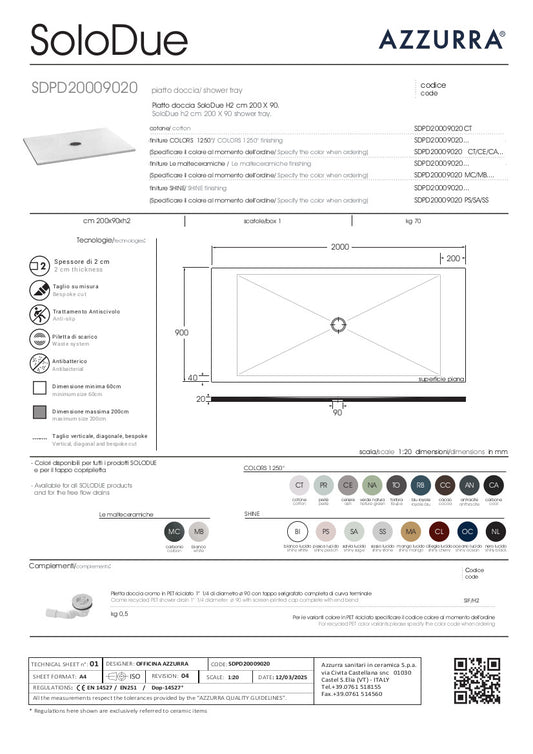 Piatto Doccia cm 200x90xH2 SoloDue