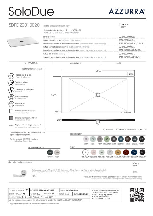 Piatto Doccia cm 200x100xH2 SoloDue