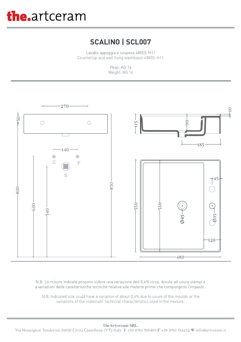 Wandhängendes/Aufsatzwaschbecken 55x48 cm Stufe