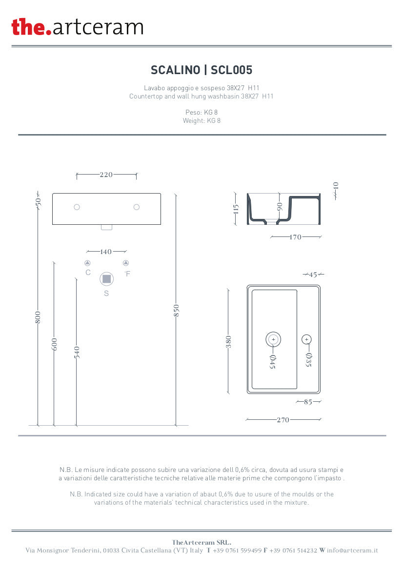 Wandhängendes/Aufsatzwaschbecken 38x27 cm Stufe