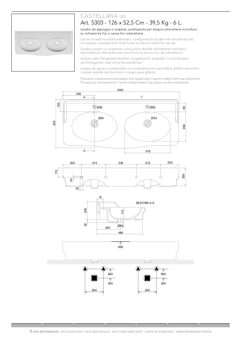 Lavabo da appoggio o sospeso doppia vasca Castellana