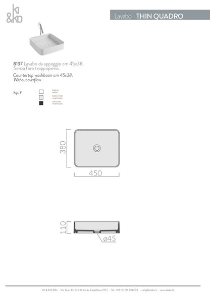 Lavabo quadrato da appoggio bordo fino Thin 38