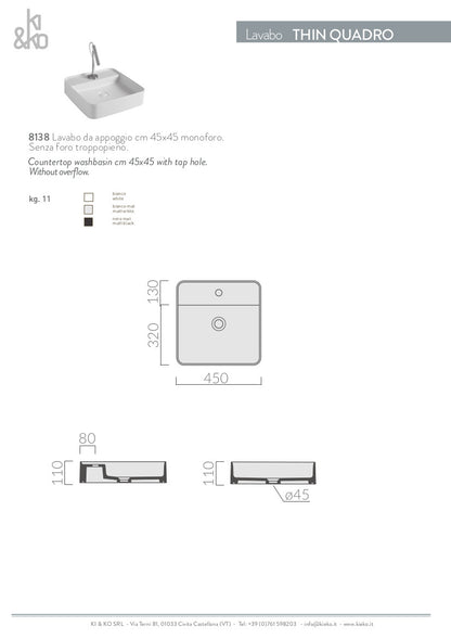 Lavabo quadrato da appoggio bordo fino Thin 45