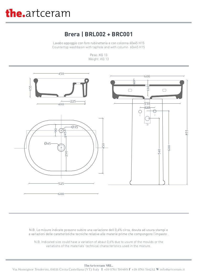 Brera Ovales Aufsatzwaschbecken, Einloch, 60 x 45 cm