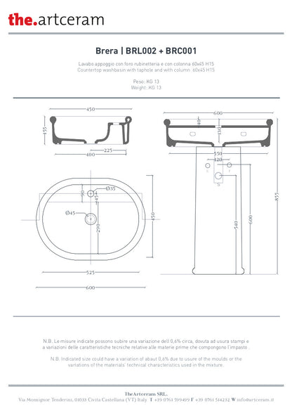 Brera Ovales Aufsatzwaschbecken, Einloch, 60 x 45 cm