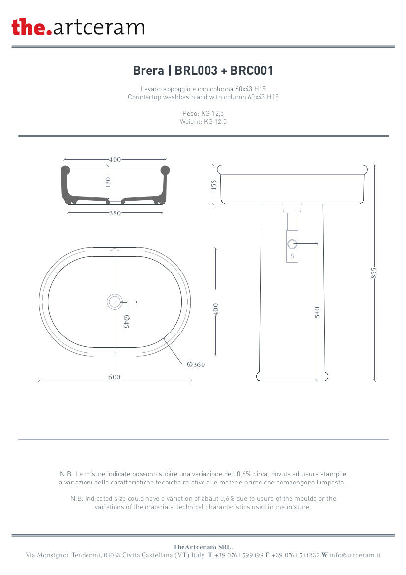 Brera Ovales Aufsatzwaschbecken 60x40 cm
