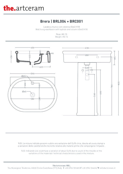 Brera Ovales Wandwaschbecken, Einloch, 65 x 46 cm 