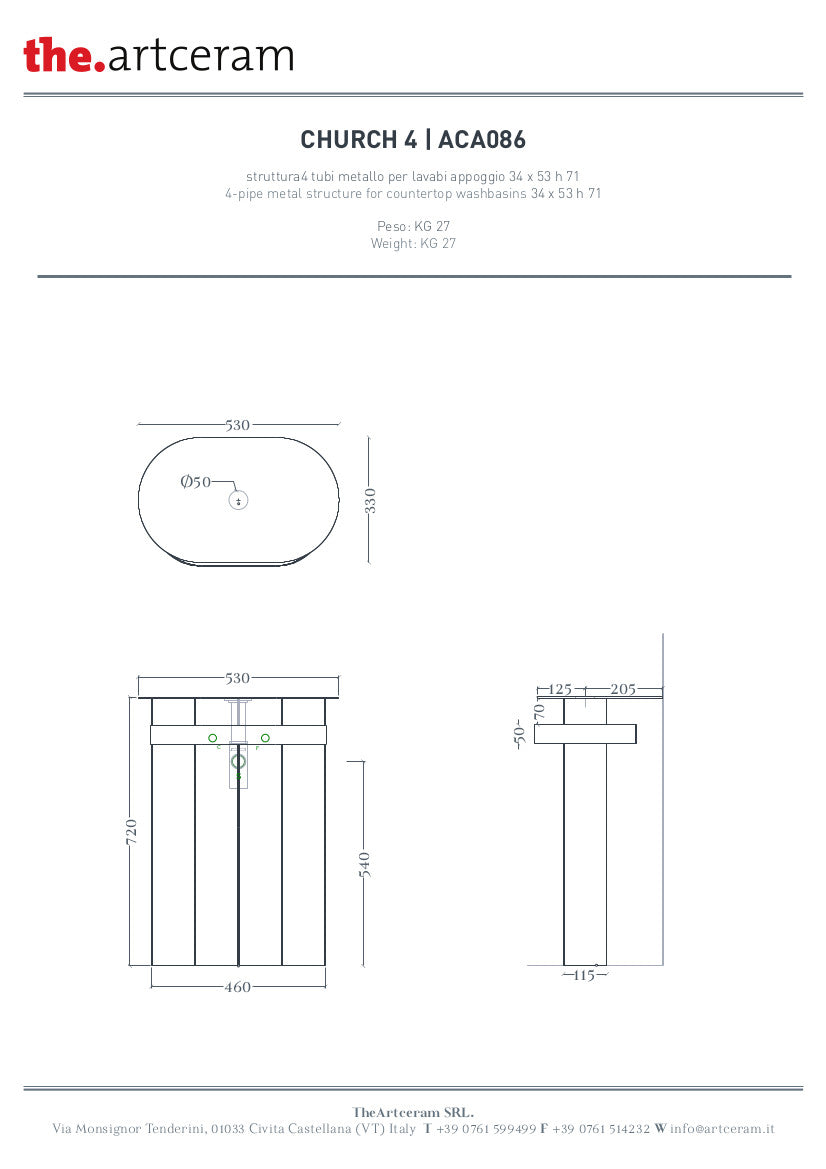 Ovales Waschbecken mit 4 Church-Metallrohren