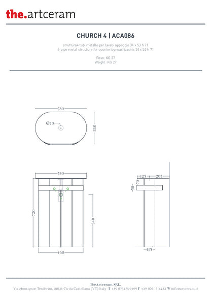 Ovales Waschbecken mit 4 Church-Metallrohren