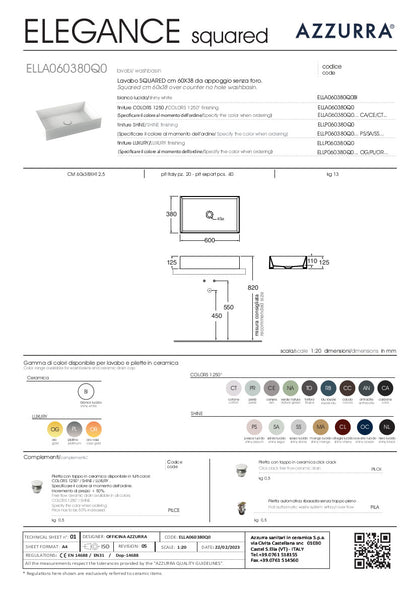 Lavabo appoggio/sospeso monoforo cm 60x38 Elegance Squared