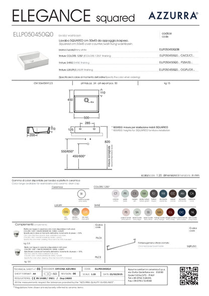 Lavabo appoggio/sospeso senza foro cm 50x45 Elegance Squared