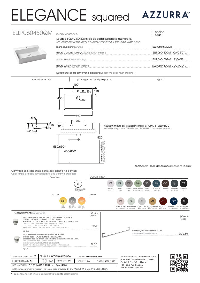 Lavabo appoggio/sospeso monoforo cm 60x45 Elegance Squared