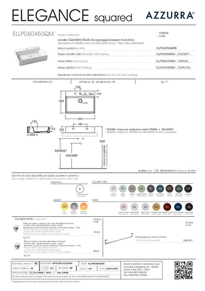 Lavabo appoggio/sospeso monoforo cm 60x45 Elegance Squared