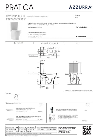 Vaso monoblocco con cassetta di scarico cm 62,5x35xh80 Pratica