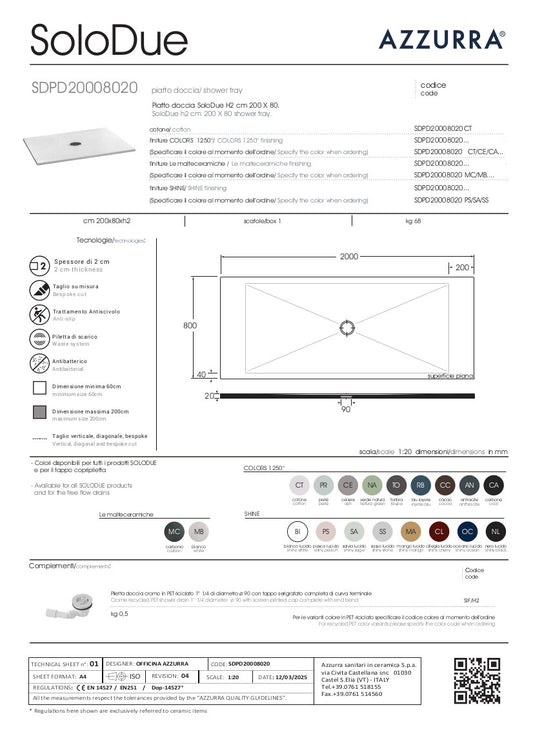 Piatto Doccia cm 200x80xH2 SoloDue