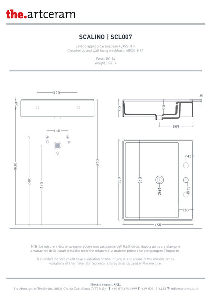Wandhängendes/Aufsatzwaschbecken 55x48 cm Stufe