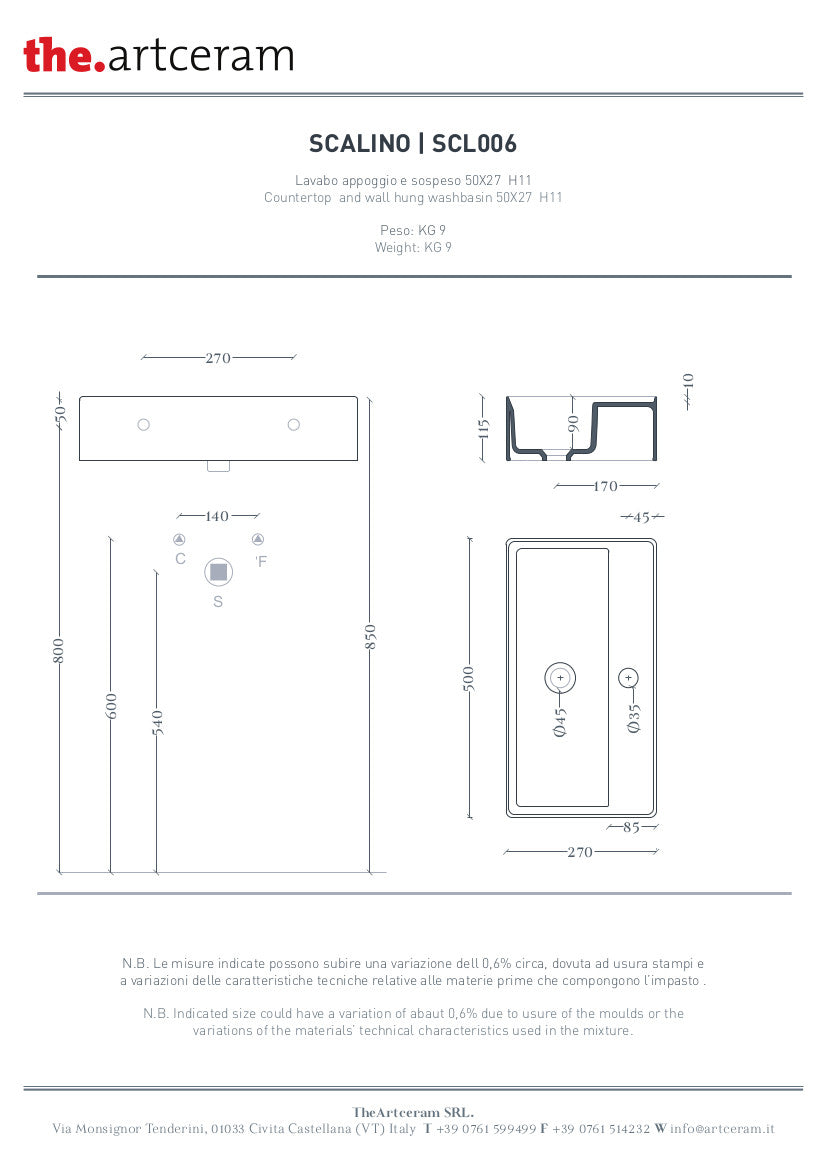 Lavabo suspendu/à poser 50 x 27 cm à marches