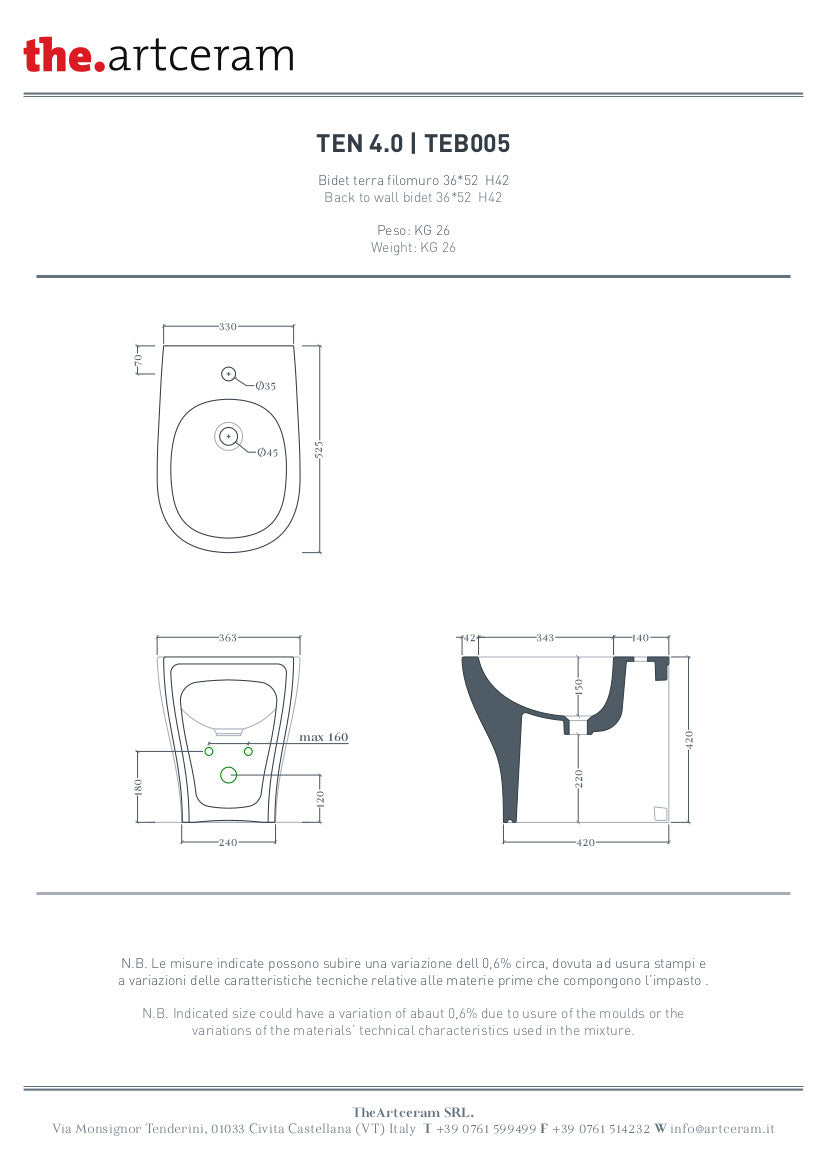 Wandbidet, 36 x 52 cm, Ten 4.0