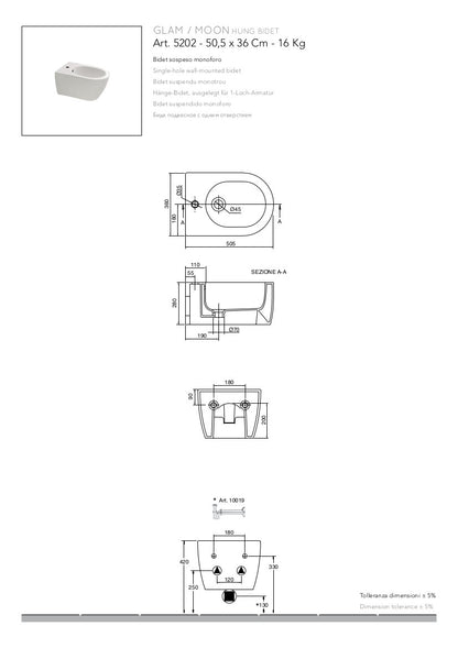 Wandhängendes Bidet cm 50,5x36 Moon