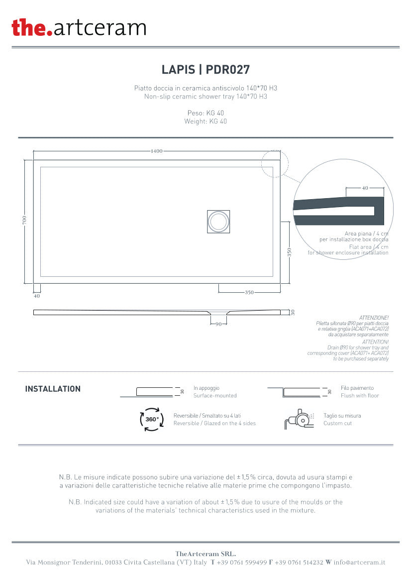 Duschwanne 140x70 H3 Lapis