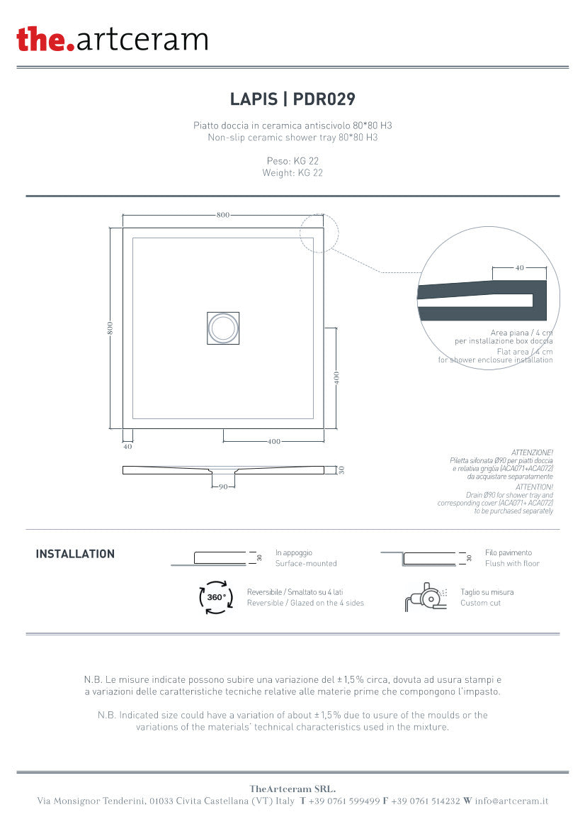Duschwanne 80x80 H3 Lapis
