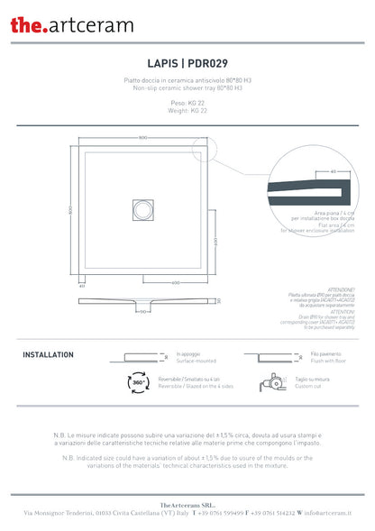 Duschwanne 80x80 H3 Lapis