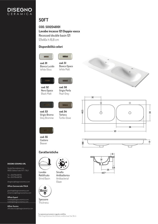 Lavabo double encastré 121 x 46 x h 16,8 cm Soft