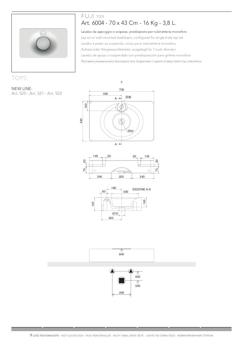 Lavabo appoggio/sospeso Fuji con foro